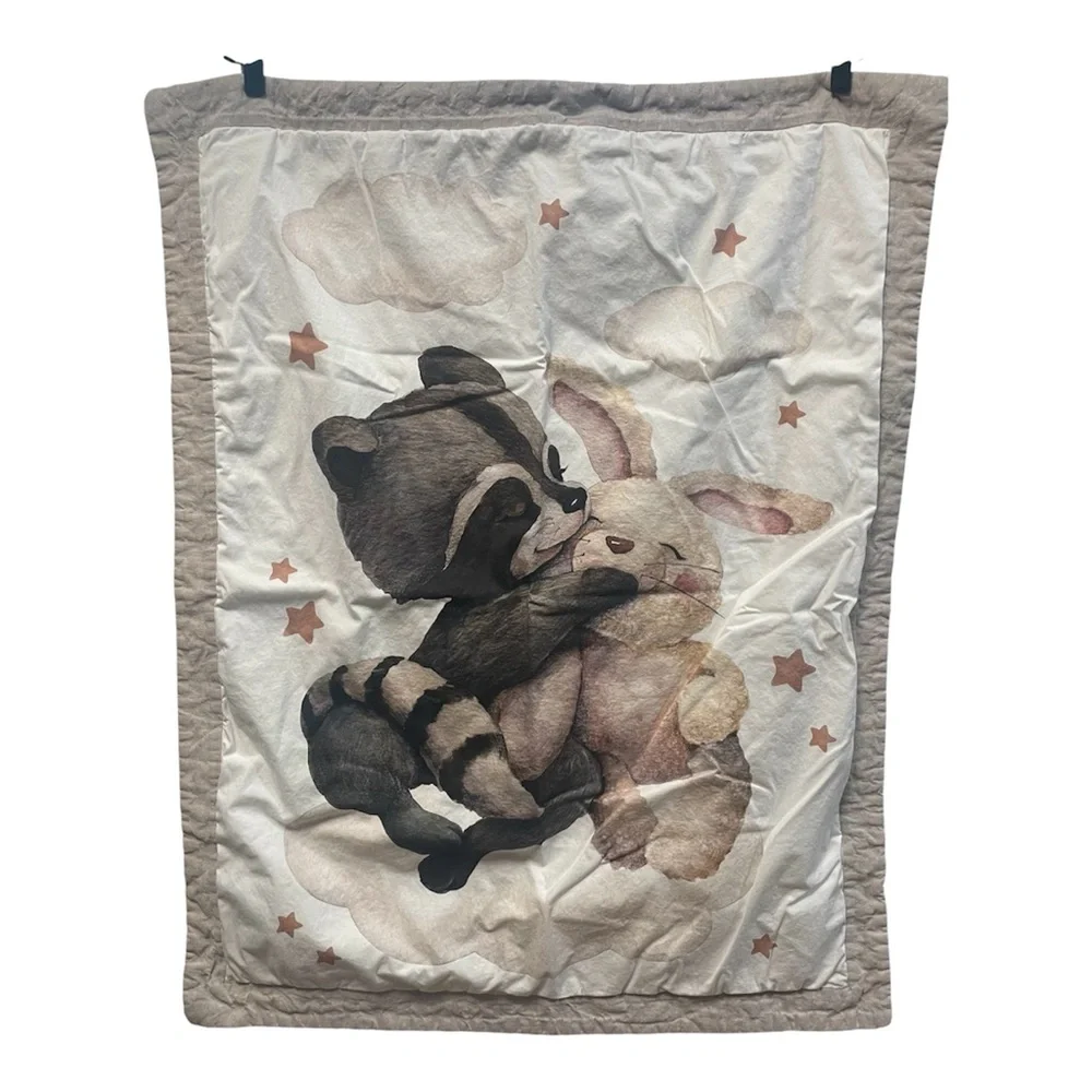 Charming Baby Quilt with Hugging Raccoon & Bunny Animal Design Handmade